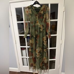 Baltic Born Green floral tulle maxi dress